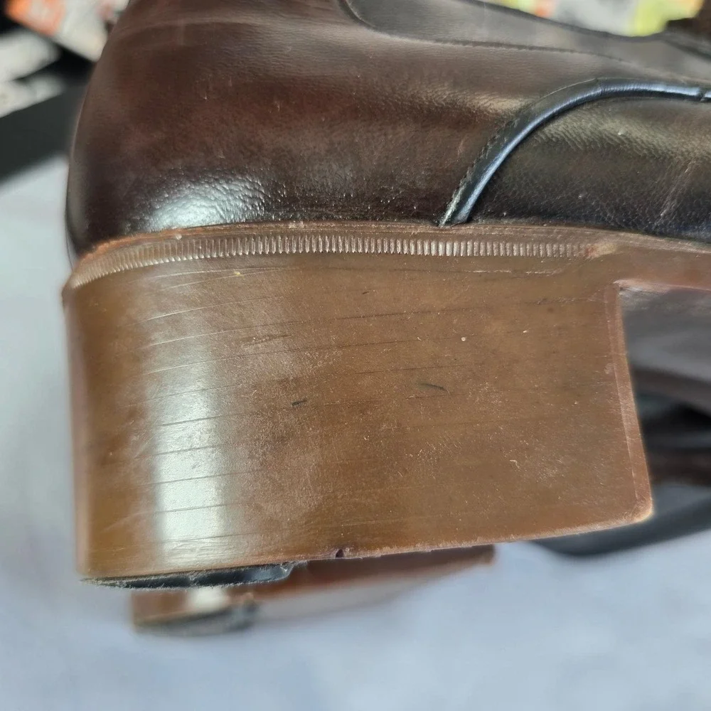 VTG 70s Pellet France Men Shoes 9.5 Brown Leather Lace Up Block Cuban Heel Disco